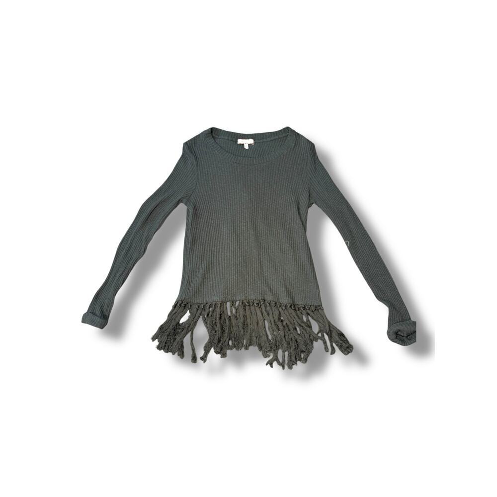 Eri + Ali Green Ribbed Knit Fringe Hem Sweater Women’s Medium